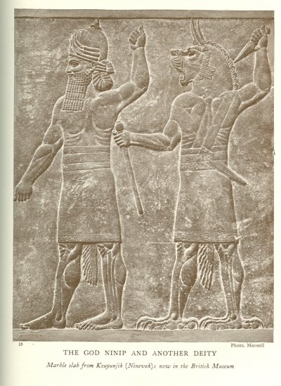 THE GOD NINIP AND ANOTHER DEITY<br> <i>Marble slab from Kenyan jib (Nineveh): now in the British Museum</i>.<br> Photo Mansell