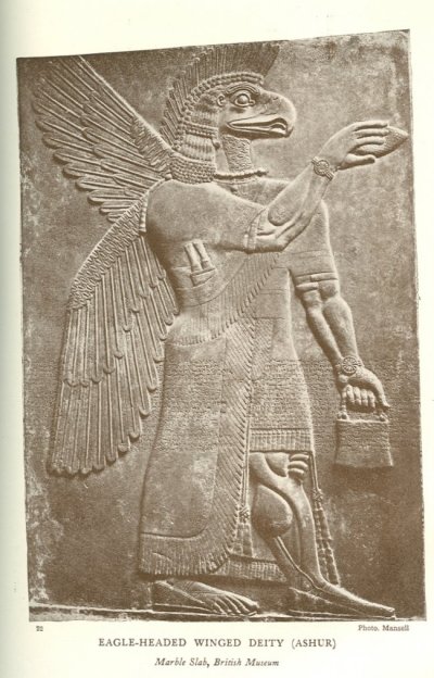 EAGLE-HEADED WINGED DEITY (ASHUR)<br> <i>Marble Slab, British Museum</i>.<br> Photo. Mansell